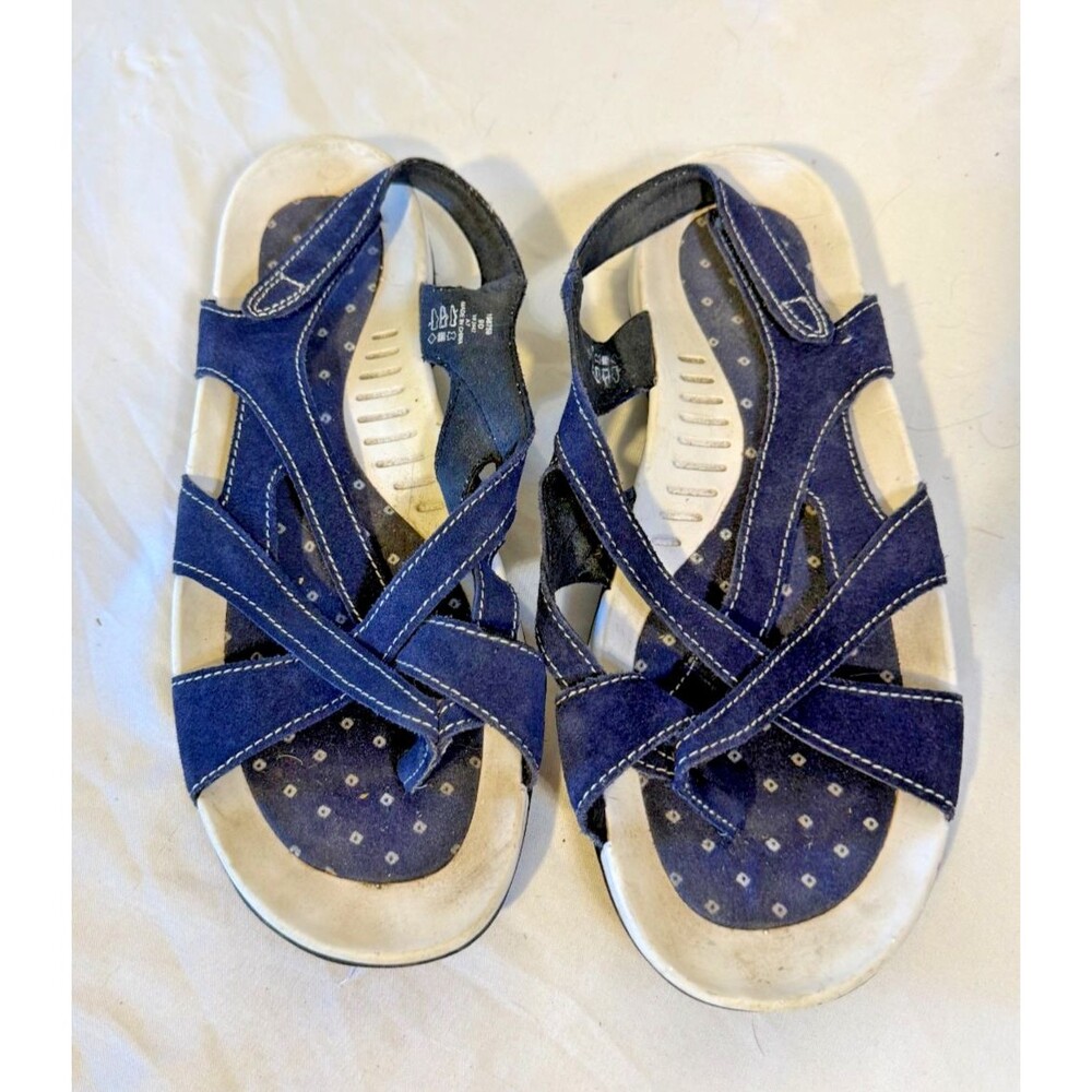 Lands End Strappy Navy Leather Sandals Women's Size 9 Beach Vacation Boho Hippie